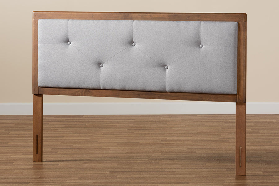 Baxton Studio Abner Modern and Contemporary Transitional Light Grey Fabric Upholstered and Walnut Brown Finished Wood Full Size Headboard