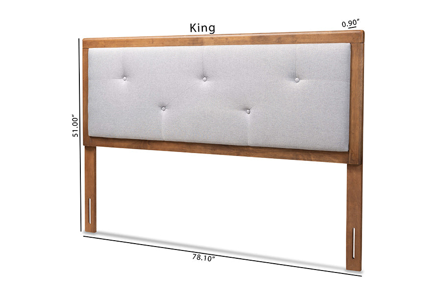 Baxton Studio Abner Modern and Contemporary Transitional Light Grey Fabric Upholstered and Walnut Brown Finished Wood Full Size Headboard