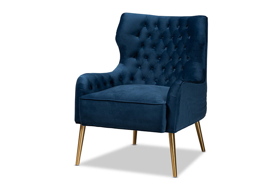 Baxton Studio Nelson Modern Luxe and Glam Navy Blue Velvet Fabric Upholstered and Gold Finished Metal Armchair