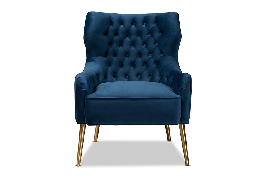 Baxton Studio Nelson Modern Luxe and Glam Navy Blue Velvet Fabric Upholstered and Gold Finished Metal Armchair