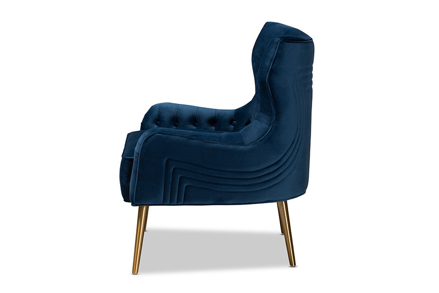 Baxton Studio Nelson Modern Luxe and Glam Navy Blue Velvet Fabric Upholstered and Gold Finished Metal Armchair