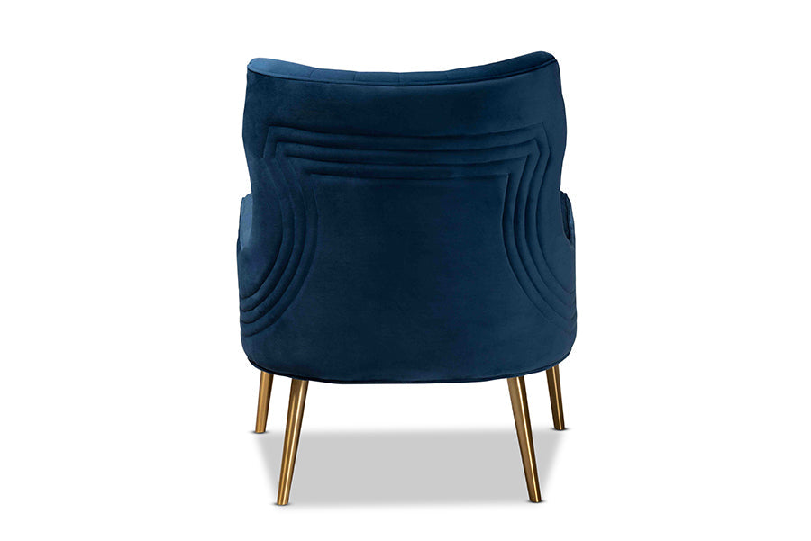 Baxton Studio Nelson Modern Luxe and Glam Navy Blue Velvet Fabric Upholstered and Gold Finished Metal Armchair