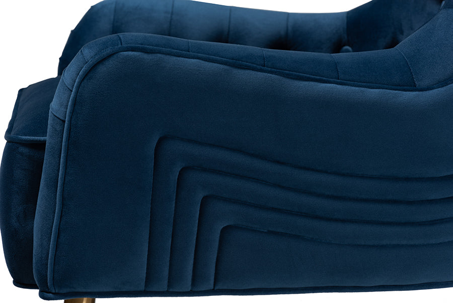Baxton Studio Nelson Modern Luxe and Glam Navy Blue Velvet Fabric Upholstered and Gold Finished Metal Armchair