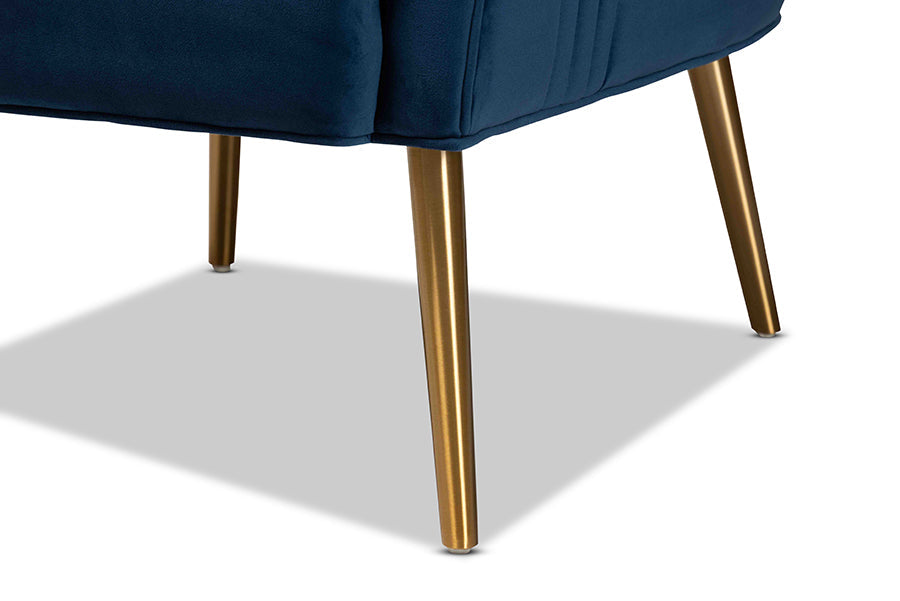 Baxton Studio Nelson Modern Luxe and Glam Navy Blue Velvet Fabric Upholstered and Gold Finished Metal Armchair