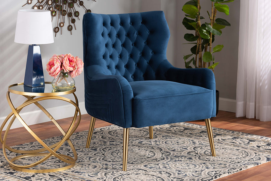 Baxton Studio Nelson Modern Luxe and Glam Navy Blue Velvet Fabric Upholstered and Gold Finished Metal Armchair
