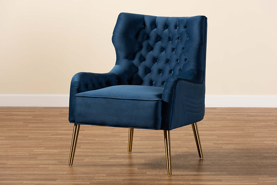 Baxton Studio Nelson Modern Luxe and Glam Navy Blue Velvet Fabric Upholstered and Gold Finished Metal Armchair