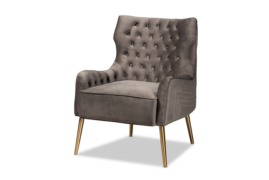 Baxton Studio Nelson Modern Luxe and Glam Grey Velvet Fabric Upholstered and Gold Finished Metal Armchair