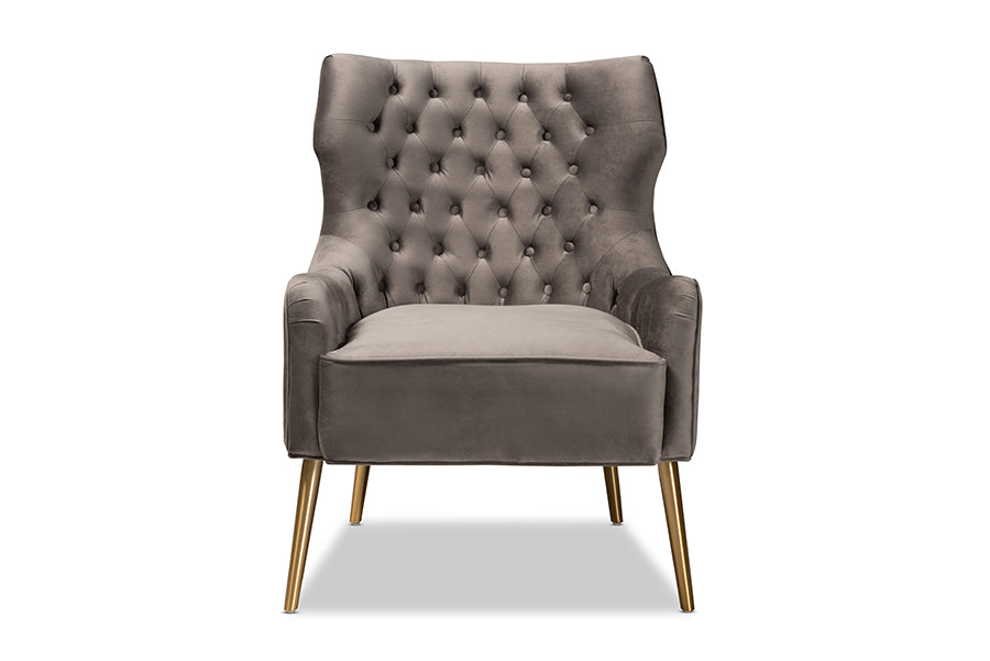 Baxton Studio Nelson Modern Luxe and Glam Grey Velvet Fabric Upholstered and Gold Finished Metal Armchair