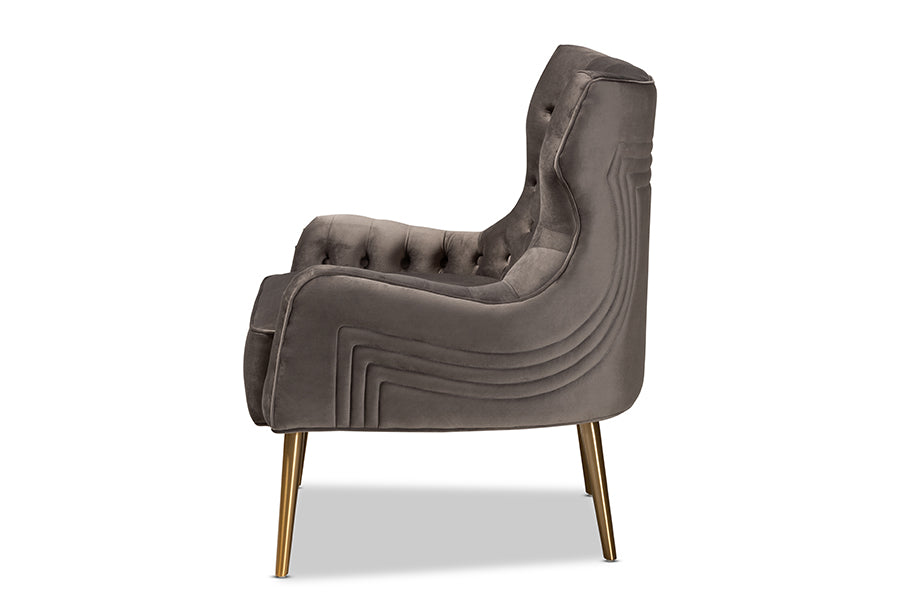 Baxton Studio Nelson Modern Luxe and Glam Grey Velvet Fabric Upholstered and Gold Finished Metal Armchair