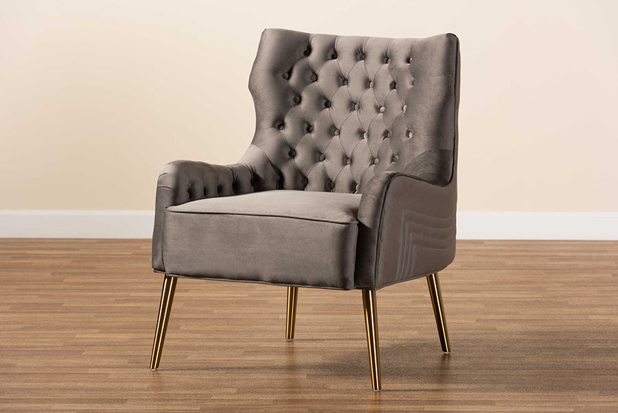 Baxton Studio Nelson Modern Luxe and Glam Grey Velvet Fabric Upholstered and Gold Finished Metal Armchair