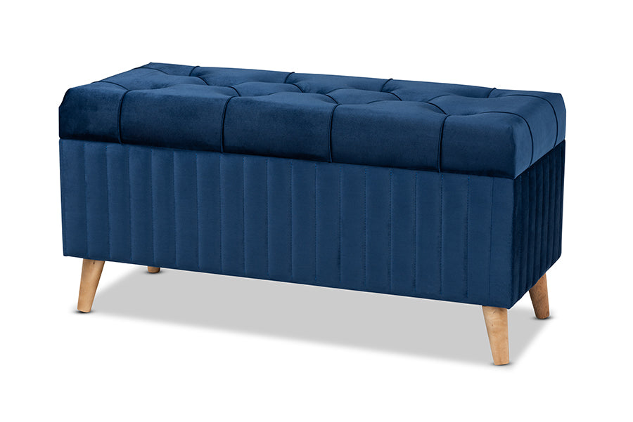 Baxton Studio Hanley Modern and Contemporary Navy Blue Velvet Fabric Upholstered and Walnut Brown Finished Wood Storage Ottoman