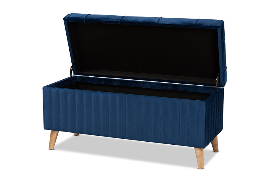 Baxton Studio Hanley Modern and Contemporary Navy Blue Velvet Fabric Upholstered and Walnut Brown Finished Wood Storage Ottoman