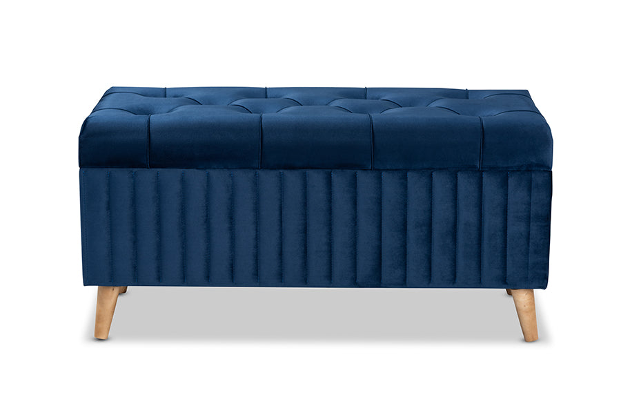 Baxton Studio Hanley Modern and Contemporary Navy Blue Velvet Fabric Upholstered and Walnut Brown Finished Wood Storage Ottoman