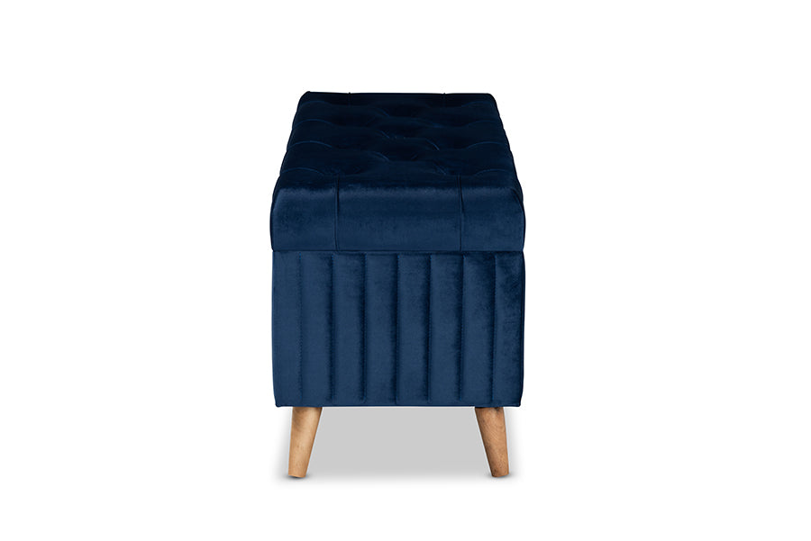 Baxton Studio Hanley Modern and Contemporary Navy Blue Velvet Fabric Upholstered and Walnut Brown Finished Wood Storage Ottoman