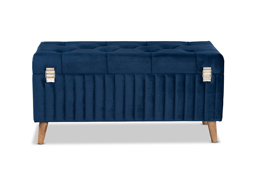 Baxton Studio Hanley Modern and Contemporary Navy Blue Velvet Fabric Upholstered and Walnut Brown Finished Wood Storage Ottoman