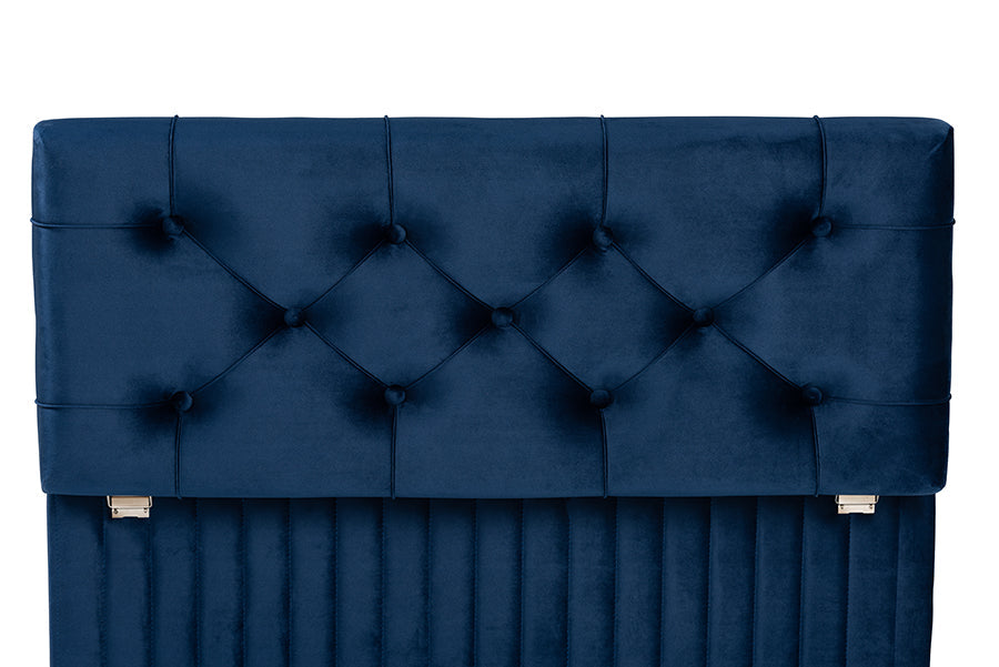 Baxton Studio Hanley Modern and Contemporary Navy Blue Velvet Fabric Upholstered and Walnut Brown Finished Wood Storage Ottoman