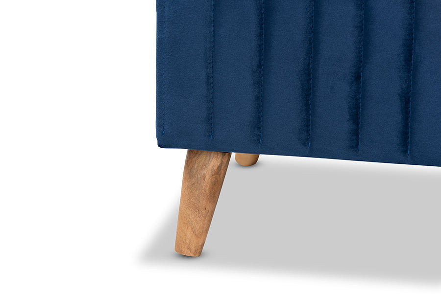 Baxton Studio Hanley Modern and Contemporary Navy Blue Velvet Fabric Upholstered and Walnut Brown Finished Wood Storage Ottoman