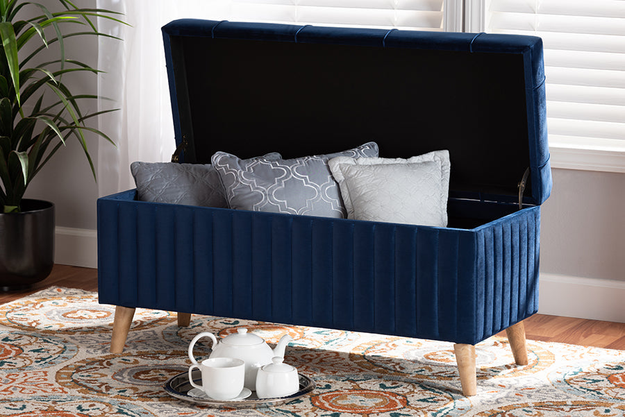 Baxton Studio Hanley Modern and Contemporary Navy Blue Velvet Fabric Upholstered and Walnut Brown Finished Wood Storage Ottoman
