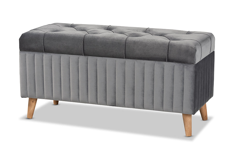 Baxton Studio Hanley Modern and Contemporary Grey Velvet Fabric Upholstered and Walnut Brown Finished Wood Storage Ottoman