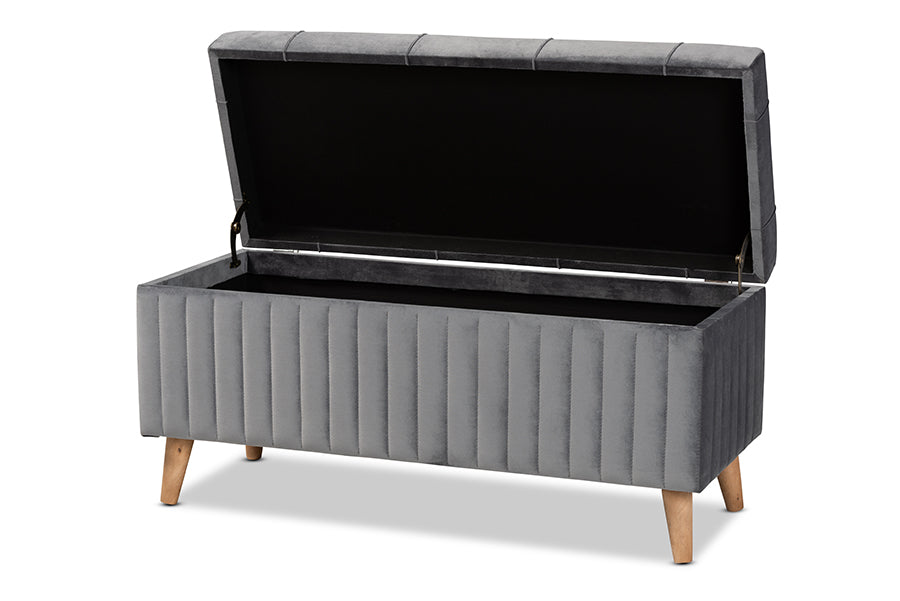 Baxton Studio Hanley Modern and Contemporary Grey Velvet Fabric Upholstered and Walnut Brown Finished Wood Storage Ottoman