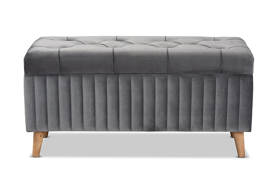 Baxton Studio Hanley Modern and Contemporary Grey Velvet Fabric Upholstered and Walnut Brown Finished Wood Storage Ottoman