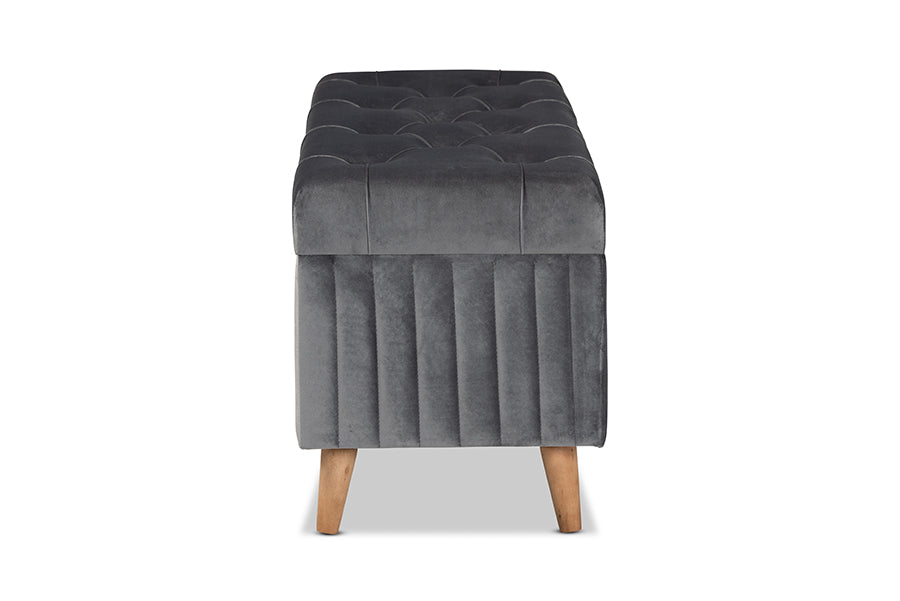 Baxton Studio Hanley Modern and Contemporary Grey Velvet Fabric Upholstered and Walnut Brown Finished Wood Storage Ottoman