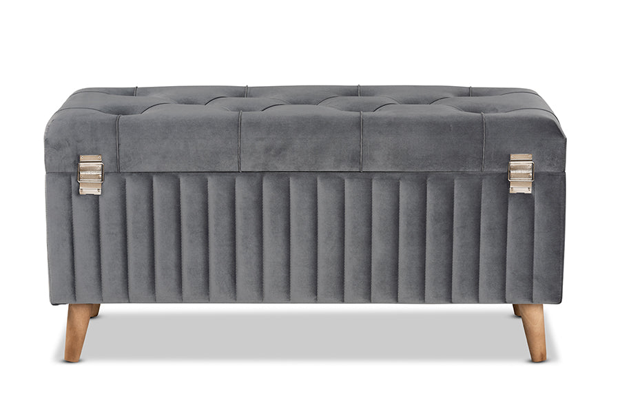 Baxton Studio Hanley Modern and Contemporary Grey Velvet Fabric Upholstered and Walnut Brown Finished Wood Storage Ottoman