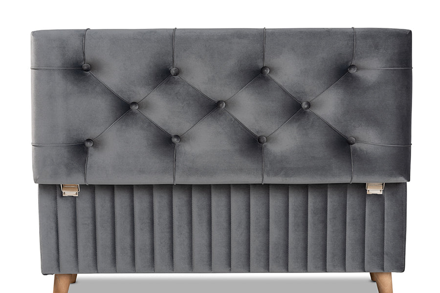 Baxton Studio Hanley Modern and Contemporary Grey Velvet Fabric Upholstered and Walnut Brown Finished Wood Storage Ottoman