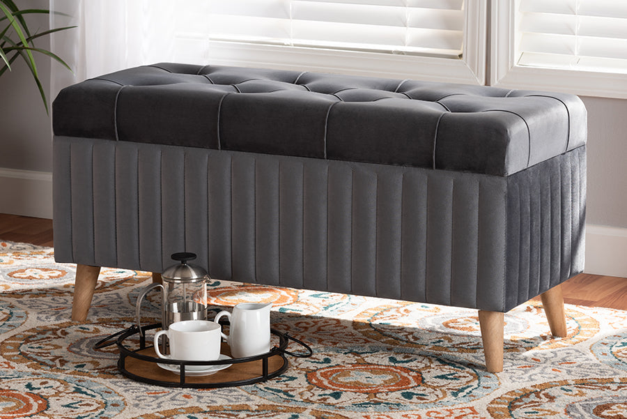 Baxton Studio Hanley Modern and Contemporary Grey Velvet Fabric Upholstered and Walnut Brown Finished Wood Storage Ottoman