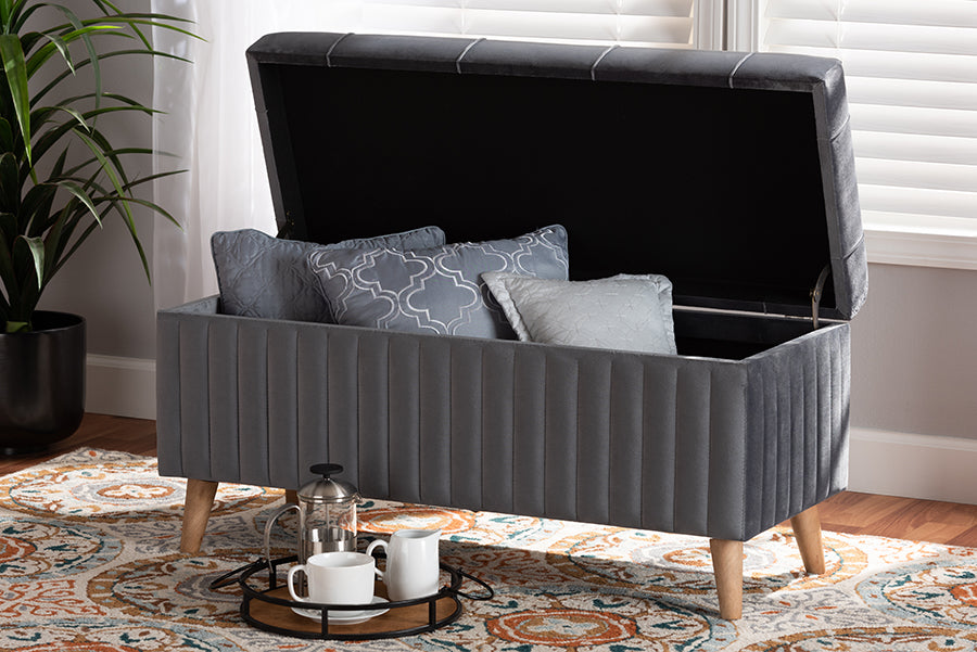 Baxton Studio Hanley Modern and Contemporary Grey Velvet Fabric Upholstered and Walnut Brown Finished Wood Storage Ottoman
