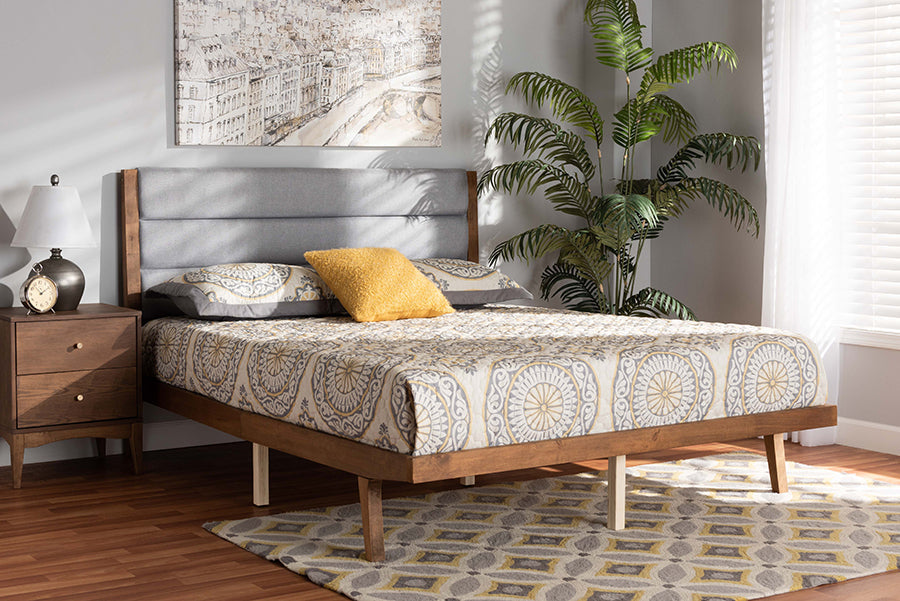 Baxton Studio Jarlan Modern and Contemporary Transitional Grey Fabric Upholstered and Walnut Brown Finished Wood King Size Platform Bed