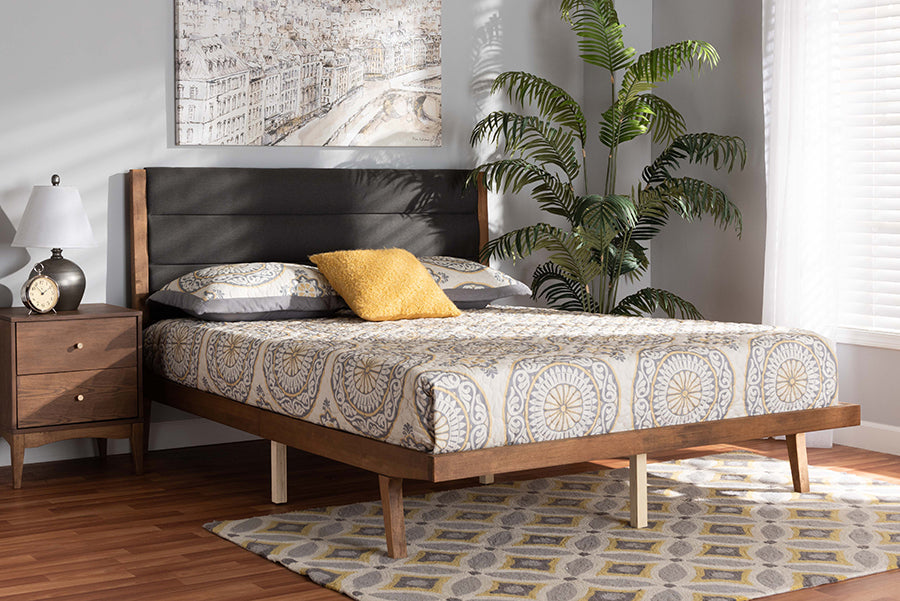 Baxton Studio Jarlan Modern and Contemporary Transitional Charcoal Fabric Upholstered and Walnut Brown Finished Wood King Size Platform Bed