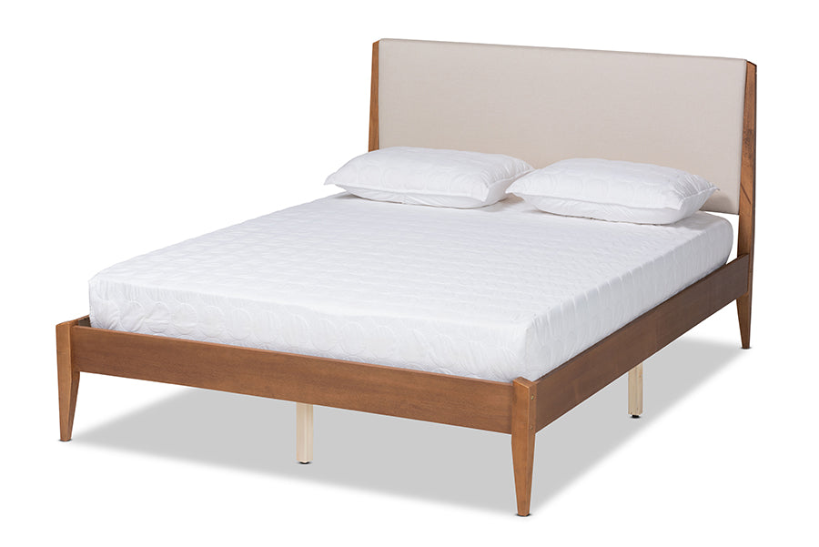Baxton Studio Lenora Mid-Century Modern Beige Fabric Upholstered and Walnut Brown Finished Wood Queen Size Platform Bed