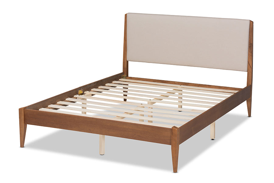 Baxton Studio Lenora Mid-Century Modern Beige Fabric Upholstered and Walnut Brown Finished Wood Full Size Platform Bed