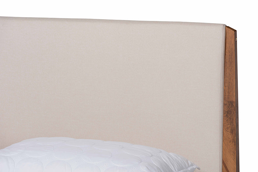Baxton Studio Lenora Mid-Century Modern Beige Fabric Upholstered and Walnut Brown Finished Wood Full Size Platform Bed