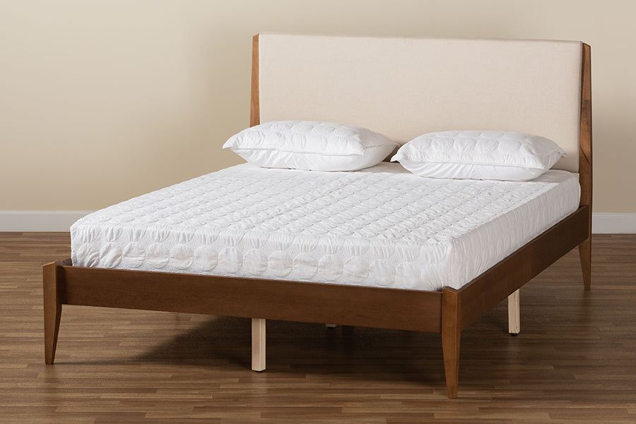 Baxton Studio Lenora Mid-Century Modern Beige Fabric Upholstered and Walnut Brown Finished Wood Full Size Platform Bed