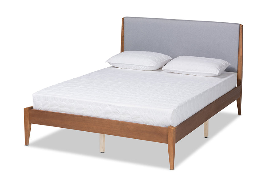 Baxton Studio Lenora Mid-Century Modern Grey Fabric Upholstered and Walnut Brown Finished Wood King Size Platform Bed