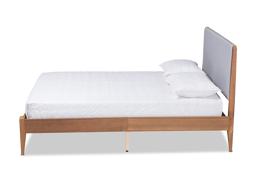 Baxton Studio Lenora Mid-Century Modern Grey Fabric Upholstered and Walnut Brown Finished Wood King Size Platform Bed