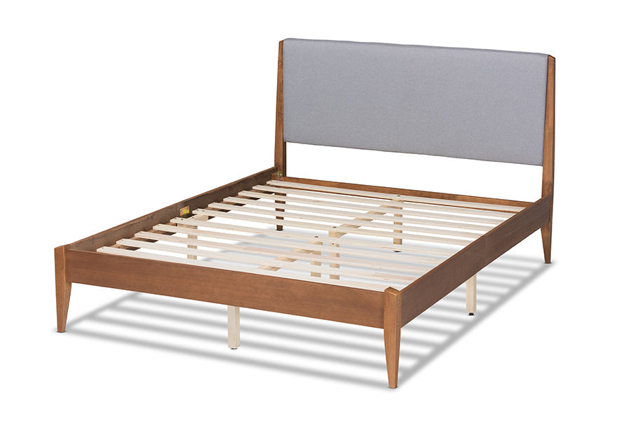 Baxton Studio Lenora Mid-Century Modern Grey Fabric Upholstered and Walnut Brown Finished Wood King Size Platform Bed