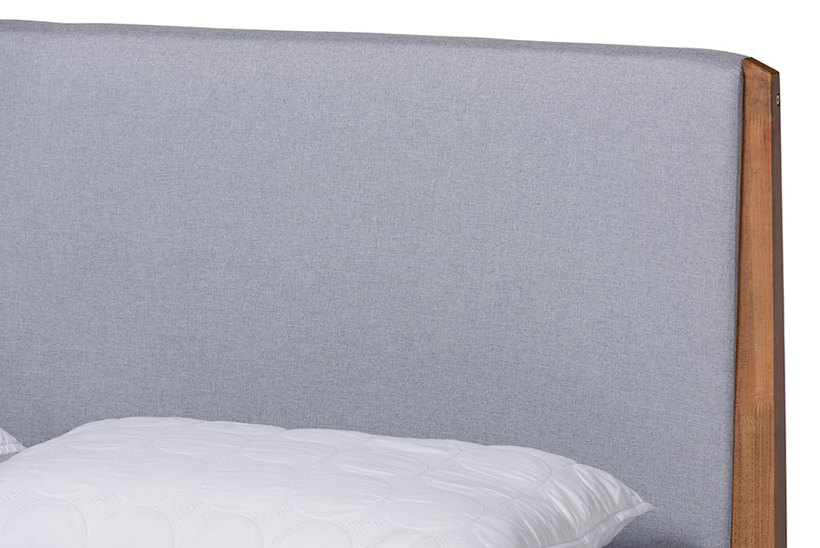 Baxton Studio Lenora Mid-Century Modern Grey Fabric Upholstered and Walnut Brown Finished Wood King Size Platform Bed