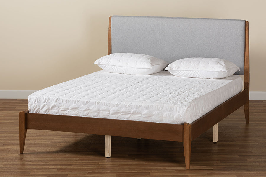 Baxton Studio Lenora Mid-Century Modern Grey Fabric Upholstered and Walnut Brown Finished Wood King Size Platform Bed