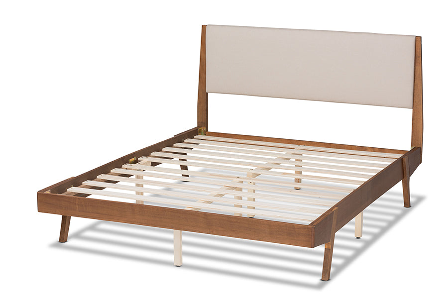 Baxton Studio Senna Mid-Century Modern Beige Fabric Upholstered and Walnut Brown Finished Wood Queen Size Platform Bed