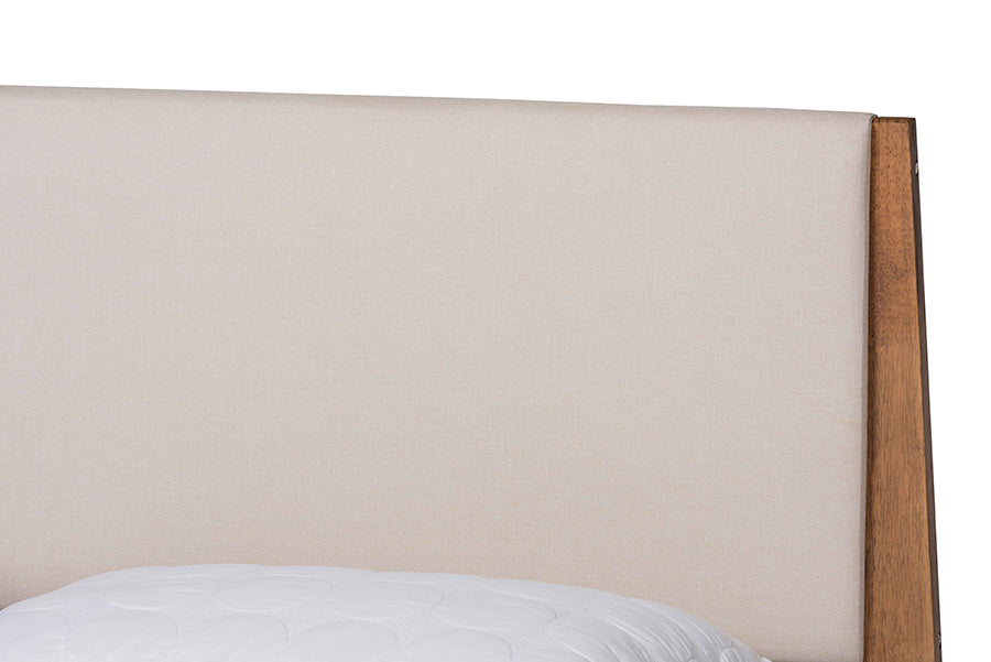 Baxton Studio Senna Mid-Century Modern Beige Fabric Upholstered and Walnut Brown Finished Wood Queen Size Platform Bed