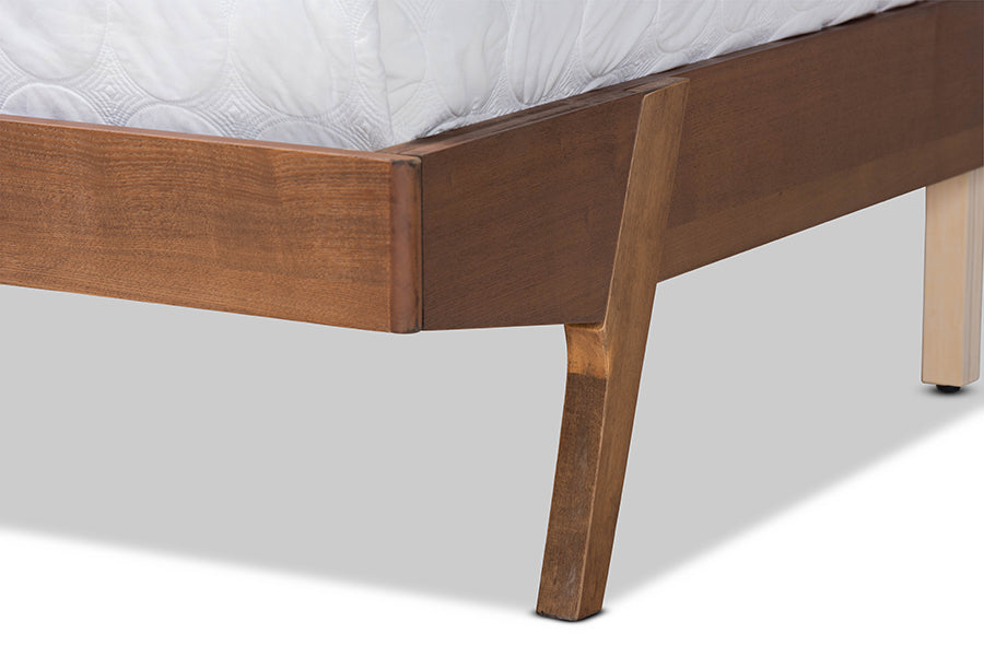 Baxton Studio Senna Mid-Century Modern Beige Fabric Upholstered and Walnut Brown Finished Wood Queen Size Platform Bed