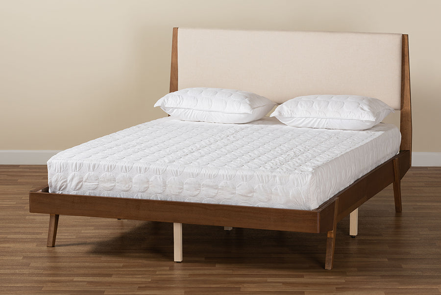Baxton Studio Senna Mid-Century Modern Beige Fabric Upholstered and Walnut Brown Finished Wood Queen Size Platform Bed