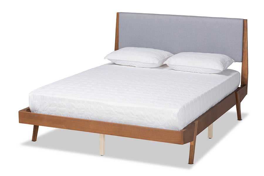 Baxton Studio Senna Mid-Century Modern Grey Fabric Upholstered and Walnut Brown Finished Wood Queen Size Platform Bed
