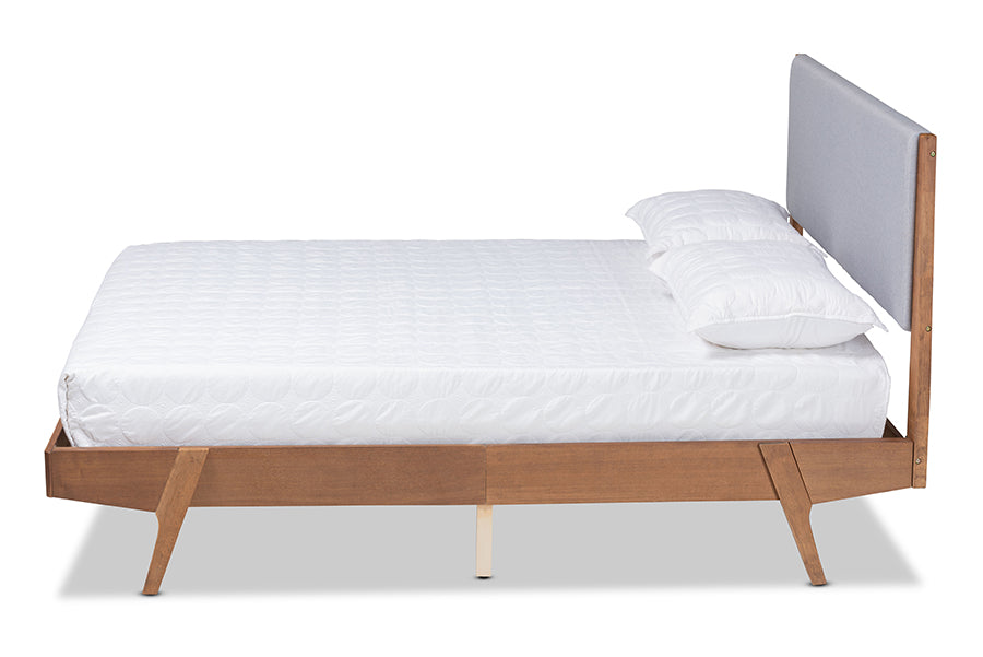 Baxton Studio Senna Mid-Century Modern Grey Fabric Upholstered and Walnut Brown Finished Wood Queen Size Platform Bed