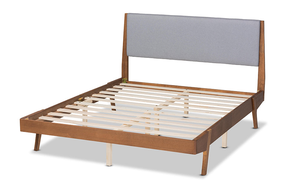 Baxton Studio Senna Mid-Century Modern Grey Fabric Upholstered and Walnut Brown Finished Wood Full Size Platform Bed