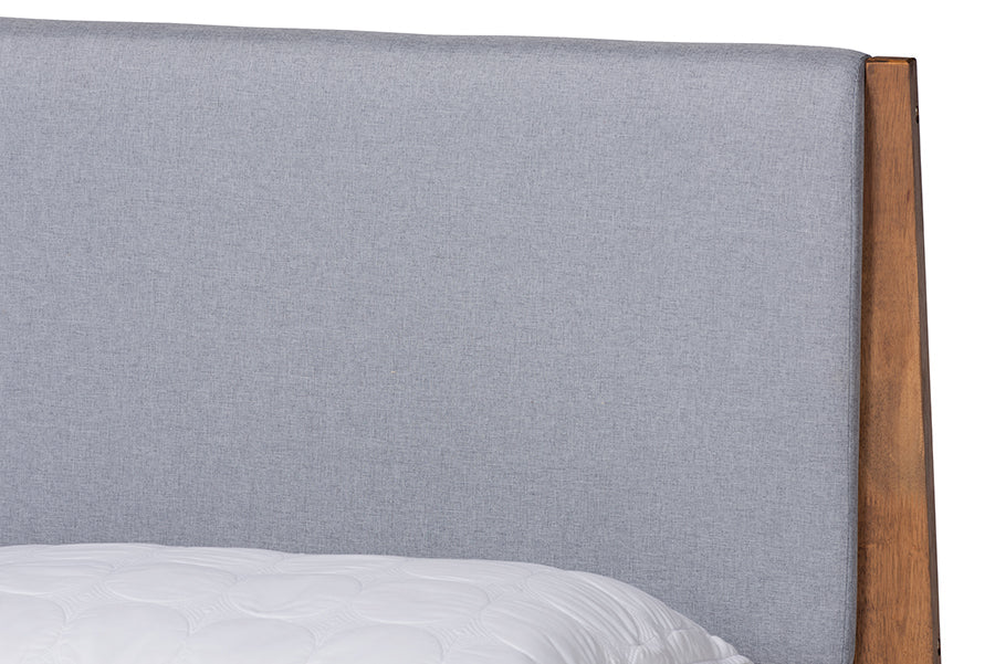 Baxton Studio Senna Mid-Century Modern Grey Fabric Upholstered and Walnut Brown Finished Wood Queen Size Platform Bed