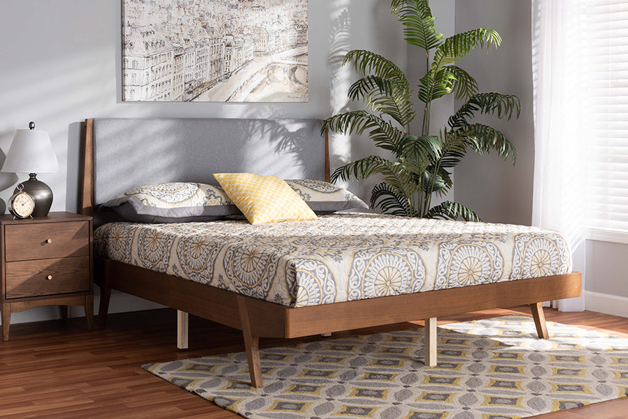Baxton Studio Senna Mid-Century Modern Grey Fabric Upholstered and Walnut Brown Finished Wood Queen Size Platform Bed